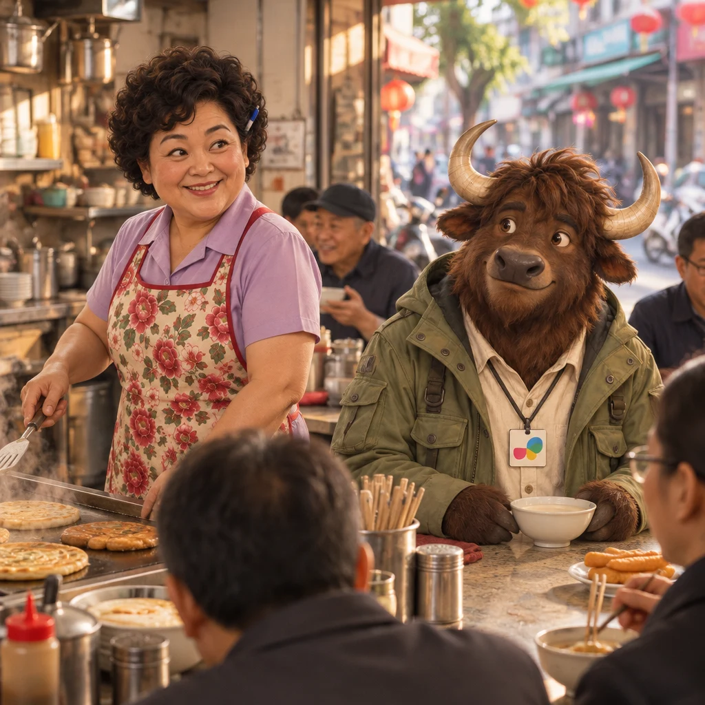 Auntie Lin at the griddle turns toward the room of regulars while A-Li sits on two stools.