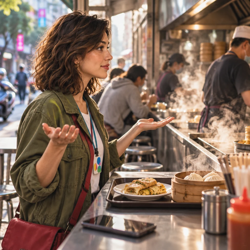 Maya faces the counter with both palms raised in a weighing gesture, considering two sides, phone set down.