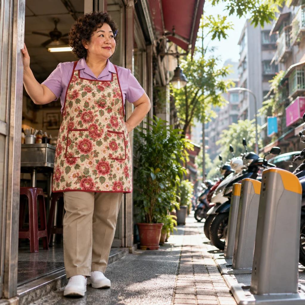 Auntie Lin stands at the open shop front looking toward the lane and scooters, one hand on the doorframe.