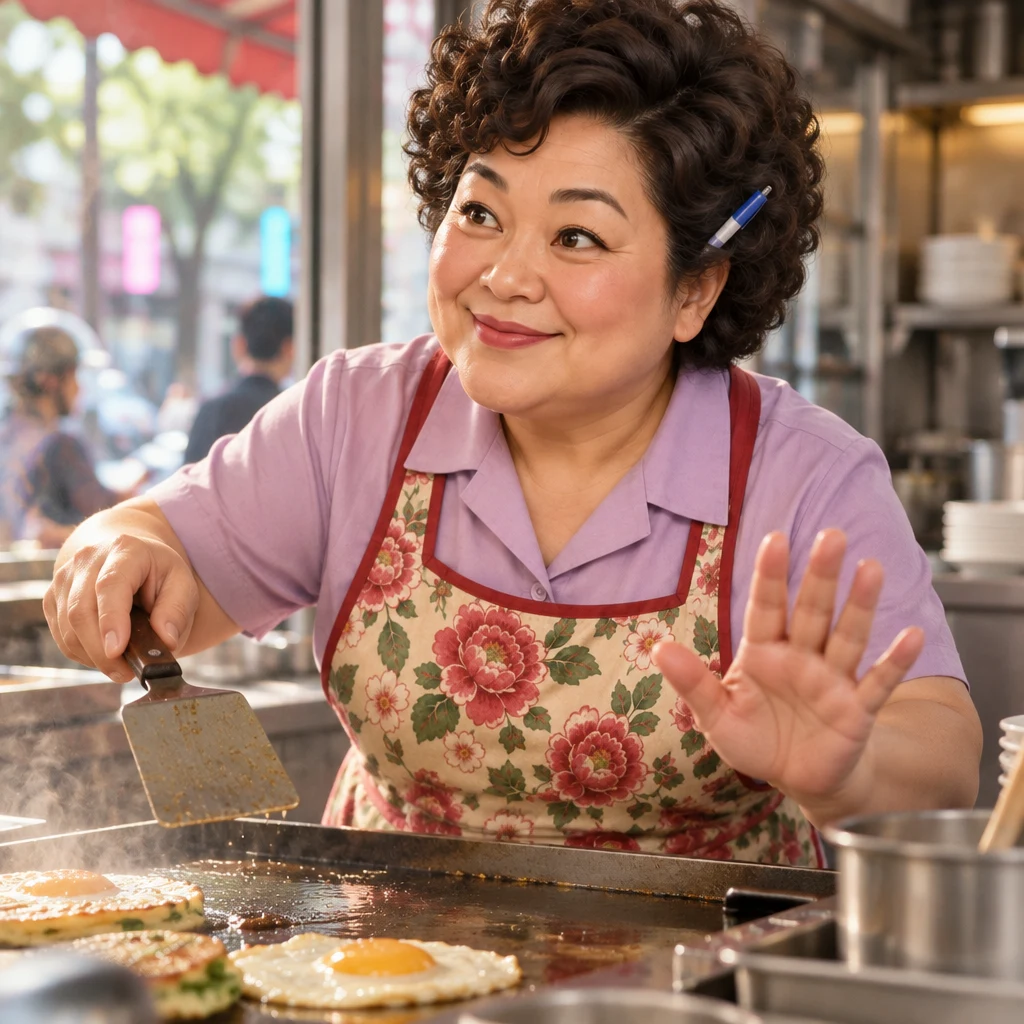 Auntie Lin pauses at the griddle with a spatula in midair and an open wait-gesture palm.