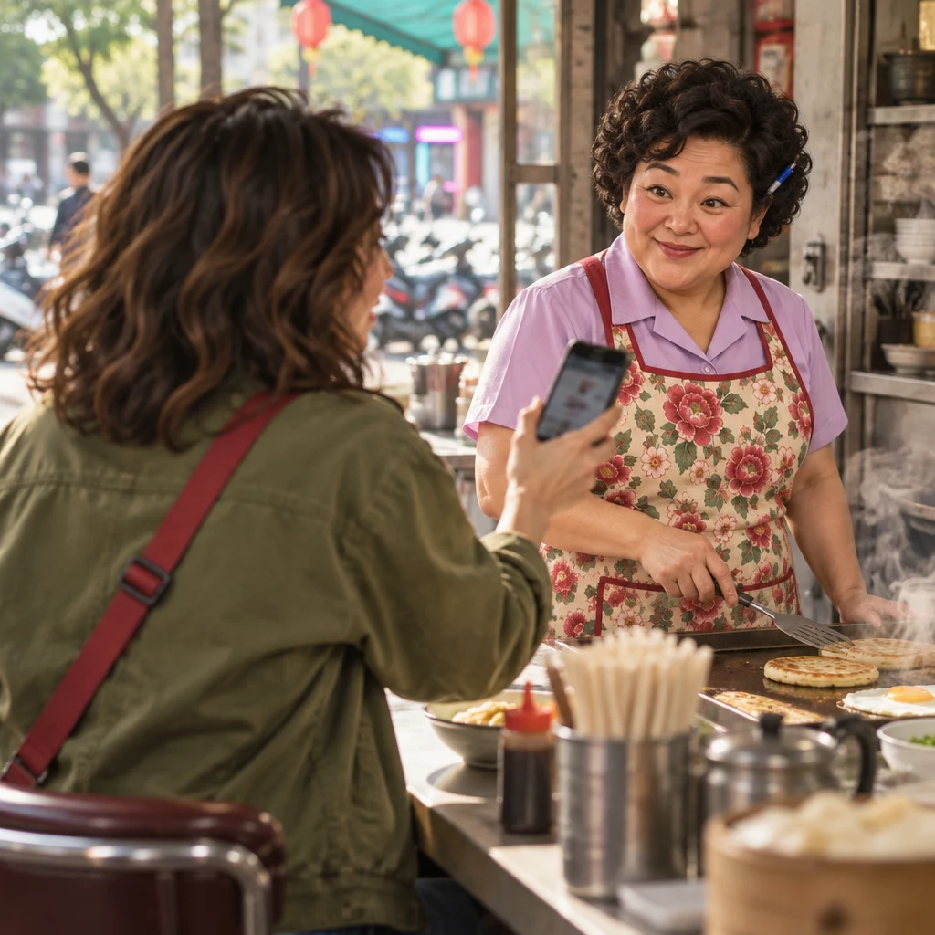 Maya twists on her stool and holds a blurred phone out toward Auntie Lin, asking whether Auntie Lin has seen the report.