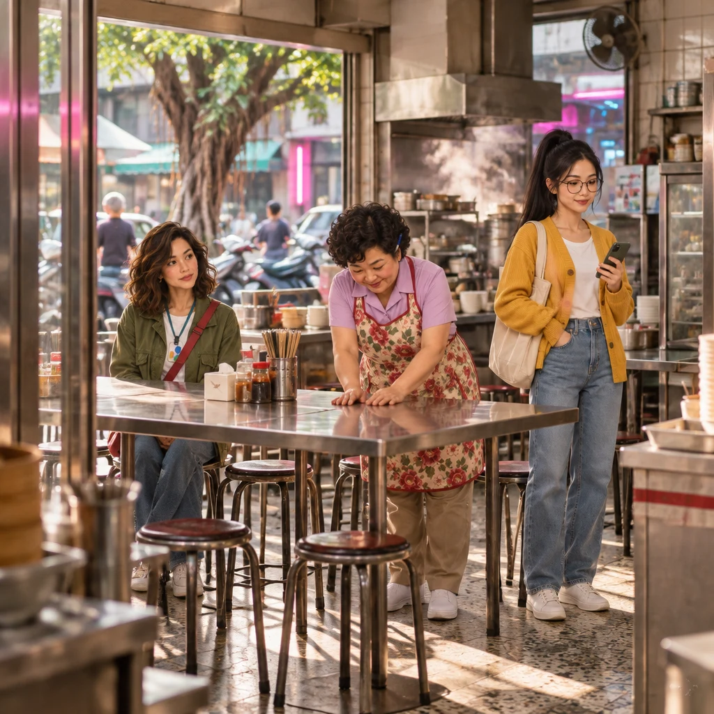 Saturday afternoon inside Banyan Breakfast, two steel tables sit pushed flush, Maya seated ready to tell her year, Yi-Jun holding a glowing phone, and Auntie Lin checking the table join.