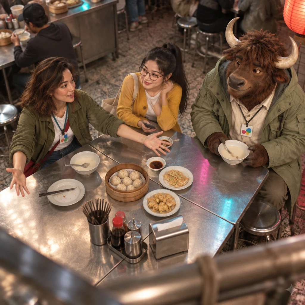 From high above, Maya opens both arms wide at the pushed-together tables as if measuring a huge year, while Yi-Jun and A-Li the yak listen.