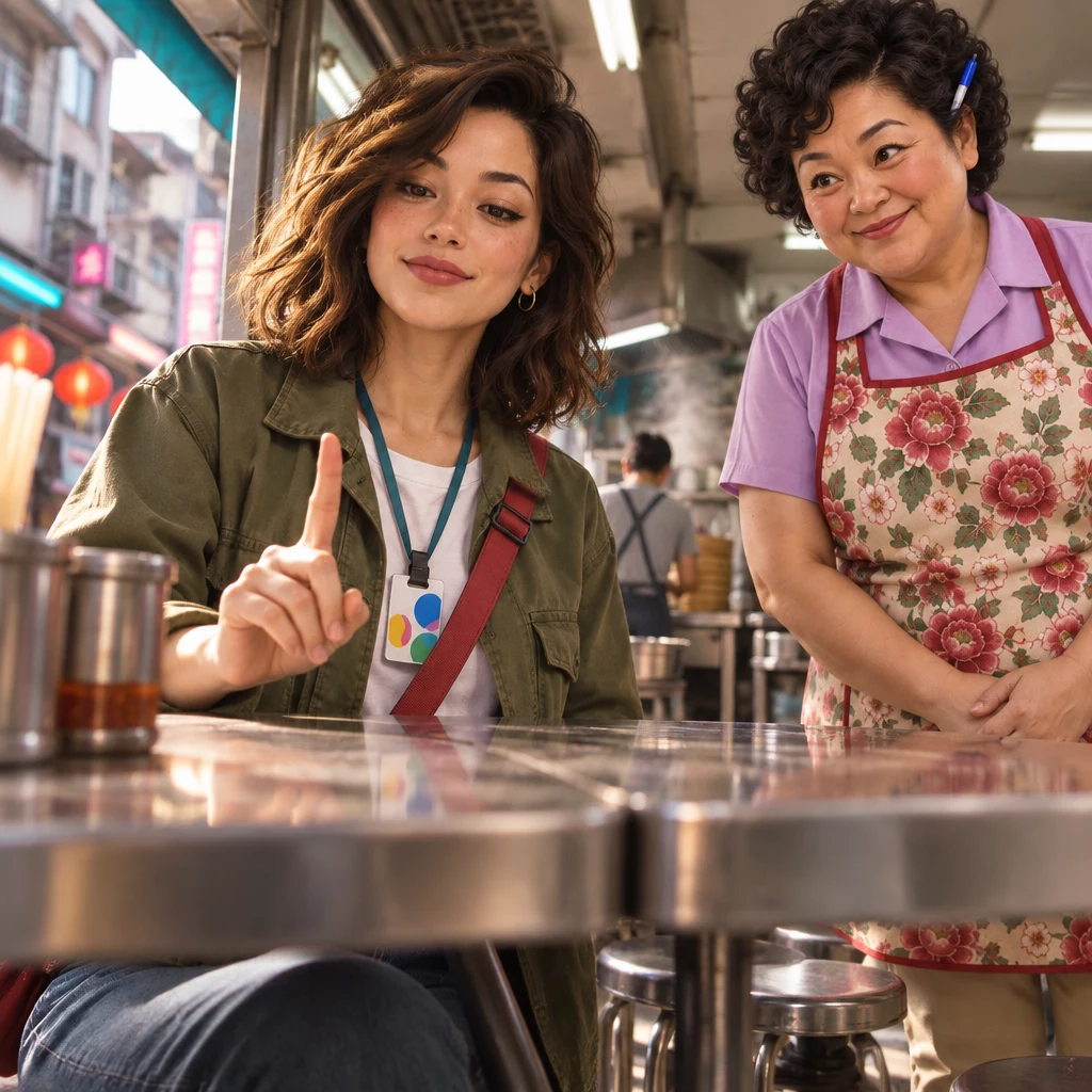 From low beside the table, Maya sits taller and lifts one finger from the tabletop as she names a later discovery, while Auntie Lin watches from across the join.