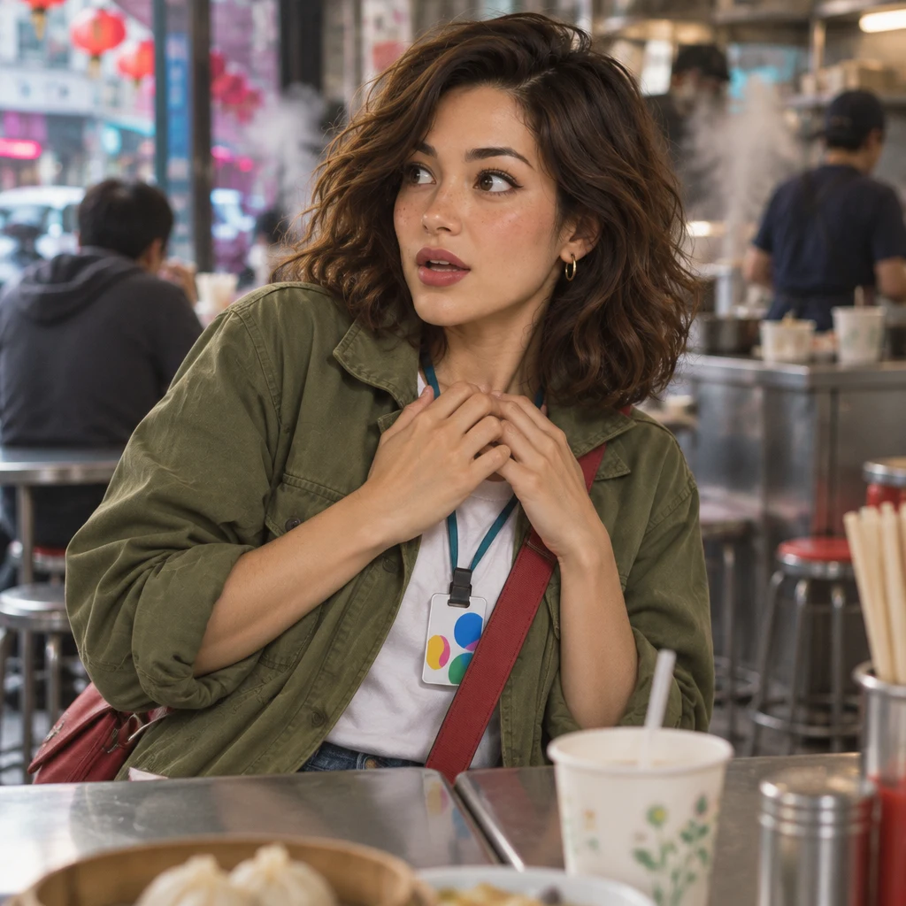 Maya leans back in surprise at the joined breakfast tables, fingertips at her collarbone.