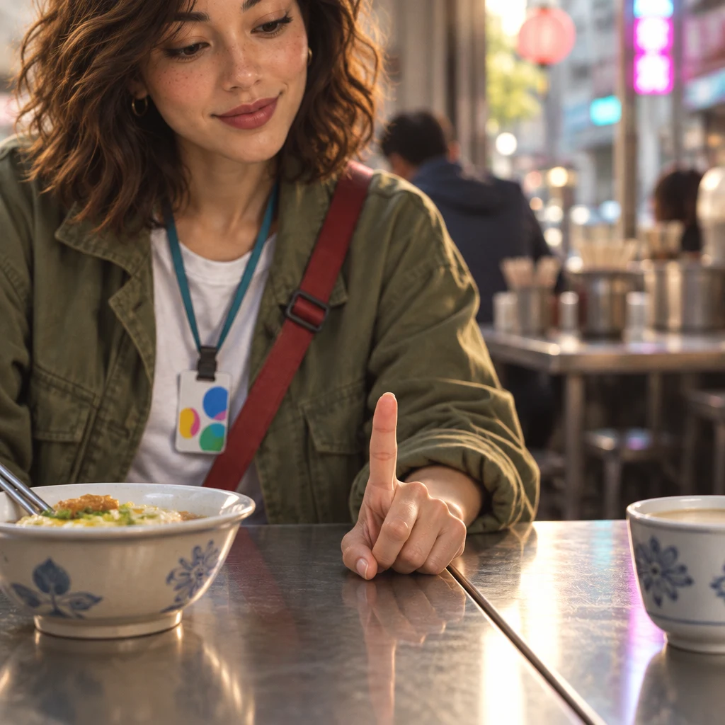 Maya's hand on the tabletop holds up one finger, choosing a single thing from the year.