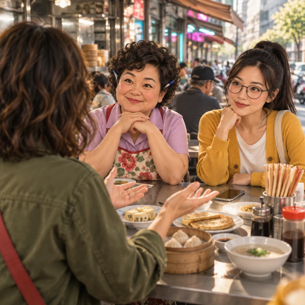 From over Maya's shoulder, she turns with open hands toward Auntie Lin and Yi-Jun at the joined tables, making the people there the center.