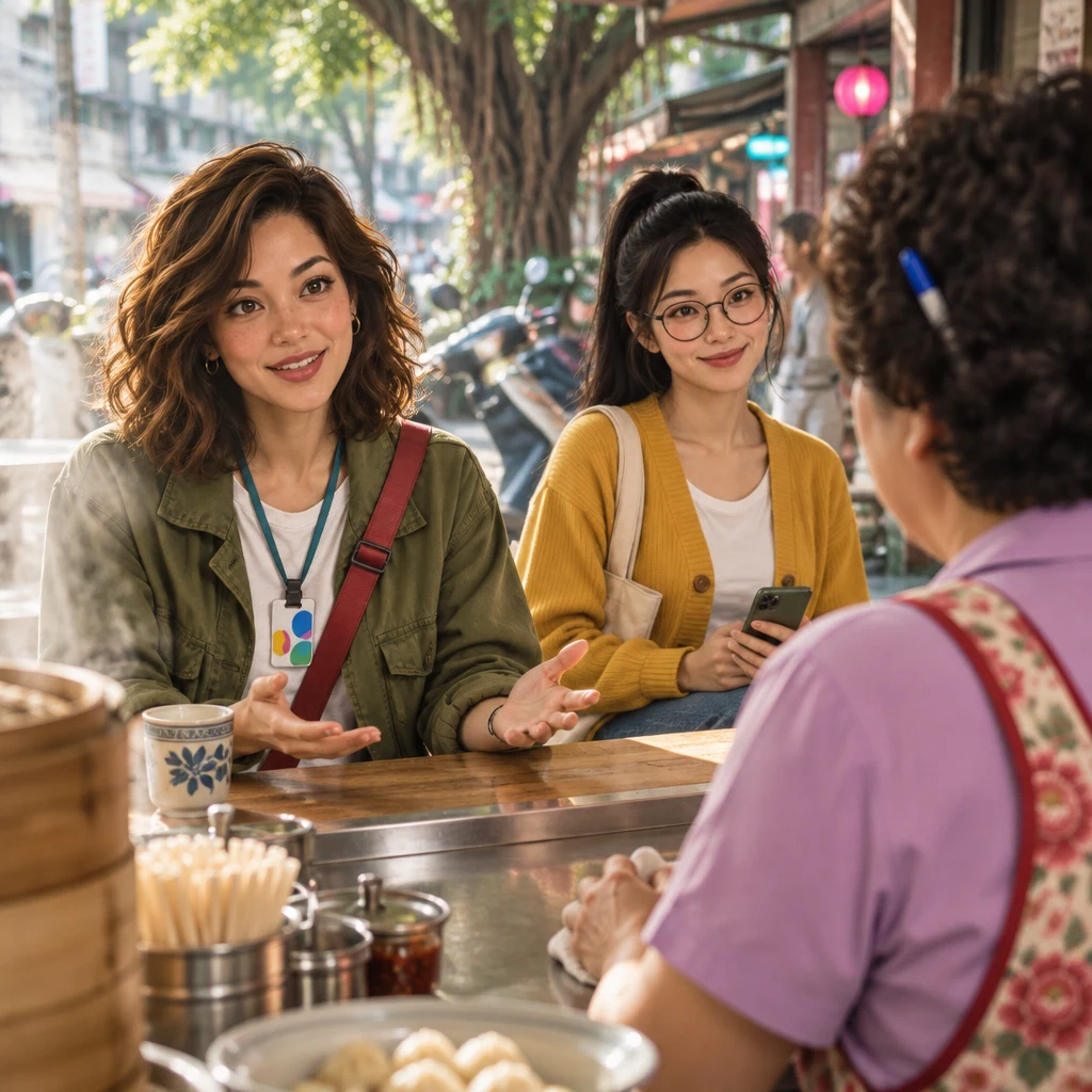 Maya sits at the counter with an easy open-handed gesture while Auntie Lin listens and Yi-Jun waits with a contained grin.