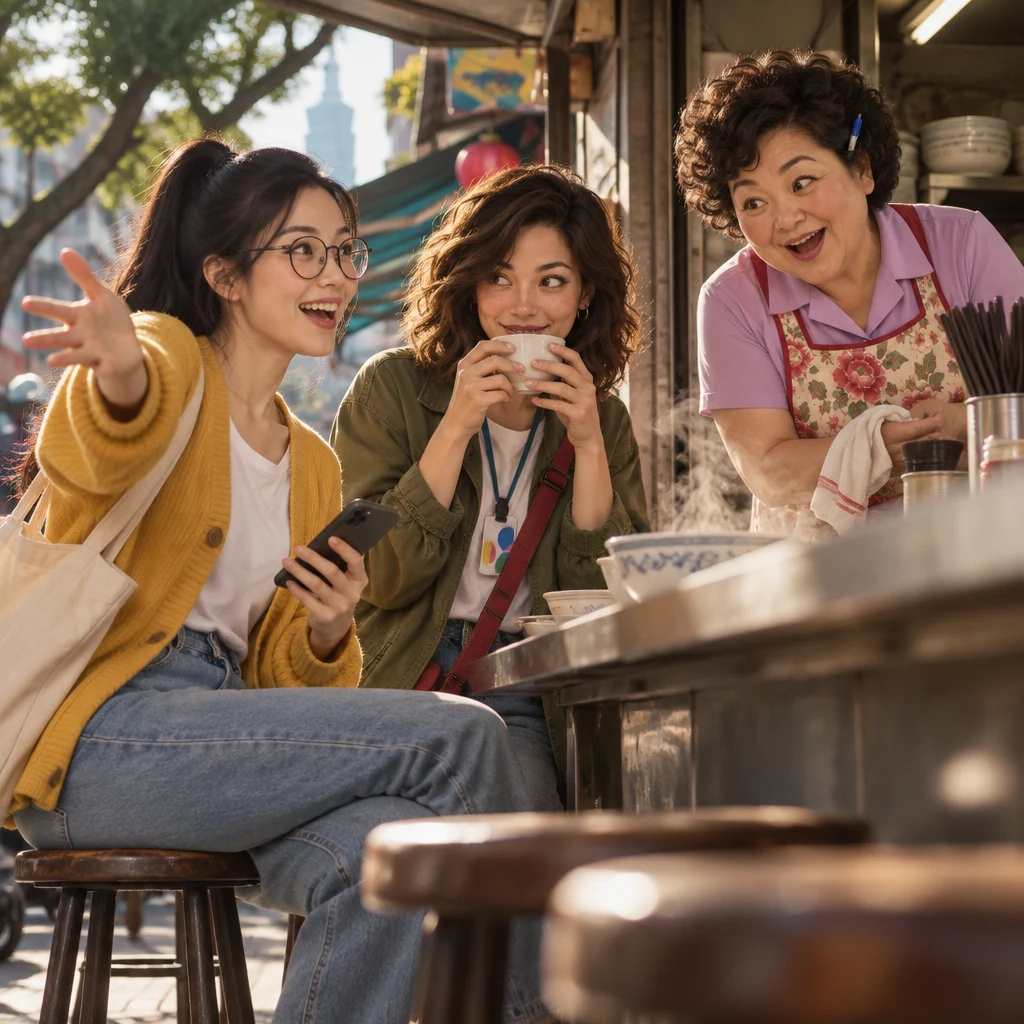 Yi-Jun twists on the stool and slices the air aside at the wrong-train turn while Maya hides a smile in a cup and Auntie Lin stares in amused shock.