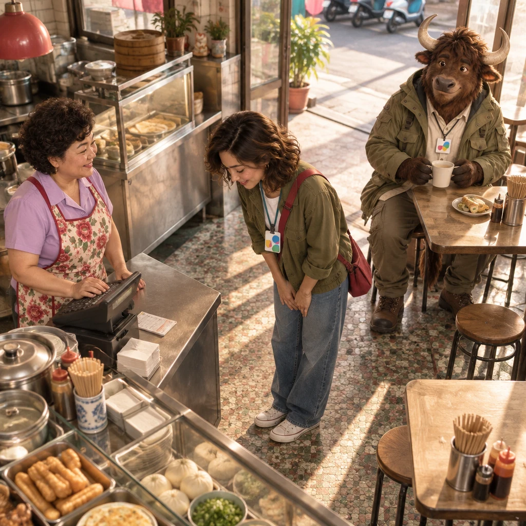 At Banyan Breakfast, Maya gives Auntie Lin a small bow by the till while A-Li the yak sits on a pair of stools with soy milk and a paper slip rests beside the till.