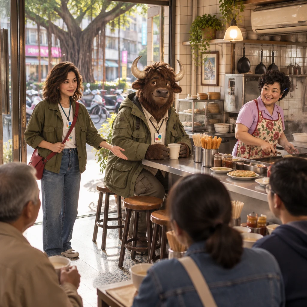 Maya quietly gathers the neighbors around the Banyan Breakfast counter on a clear morning, with A-Li the yak sitting across two stools.