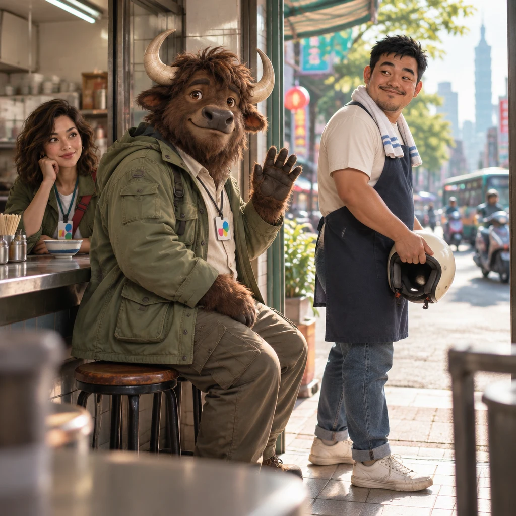 A-Li the yak twists toward the open shopfront with a farewell wave while A-Jie lifts a scooter helmet to leave and Maya stays seated.