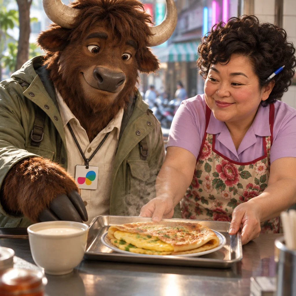 A-Li the yak settles back onto two stools and reaches for a fresh egg pancake as Auntie Lin slides the tray over.
