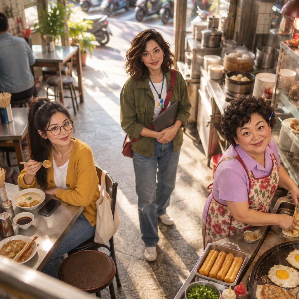 Maya stands in the middle of the unchanged breakfast shop holding a closed folder while Yi-Jun and Auntie Lin keep their usual routines.