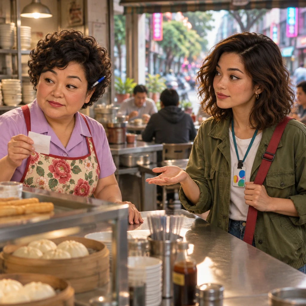 Auntie Lin holds a small folded slip and scans the counter while Maya asks whether something was left out.