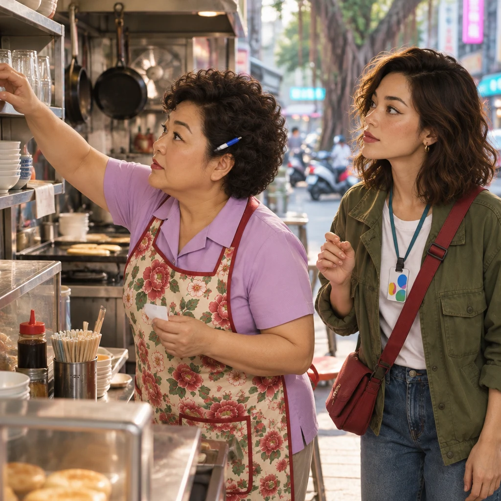 Auntie Lin hunts along the counter for glasses with the folded slip still in one hand while Maya waits beside, ready to ask something.