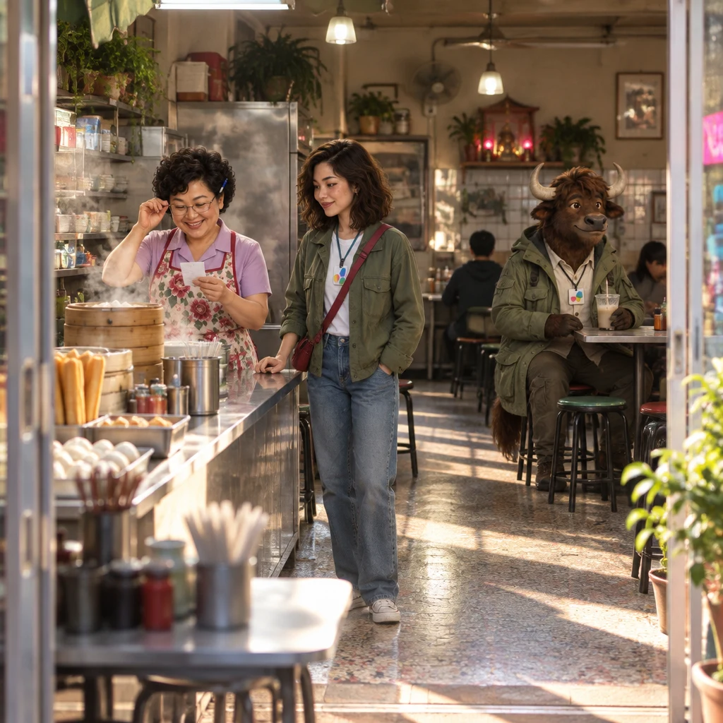 Morning sun lies across the Banyan Breakfast counter while Auntie Lin holds a folded slip and reaches for her glasses, Maya stands watching, and A-Li sits on two stools at the back with a nearly empty drink.