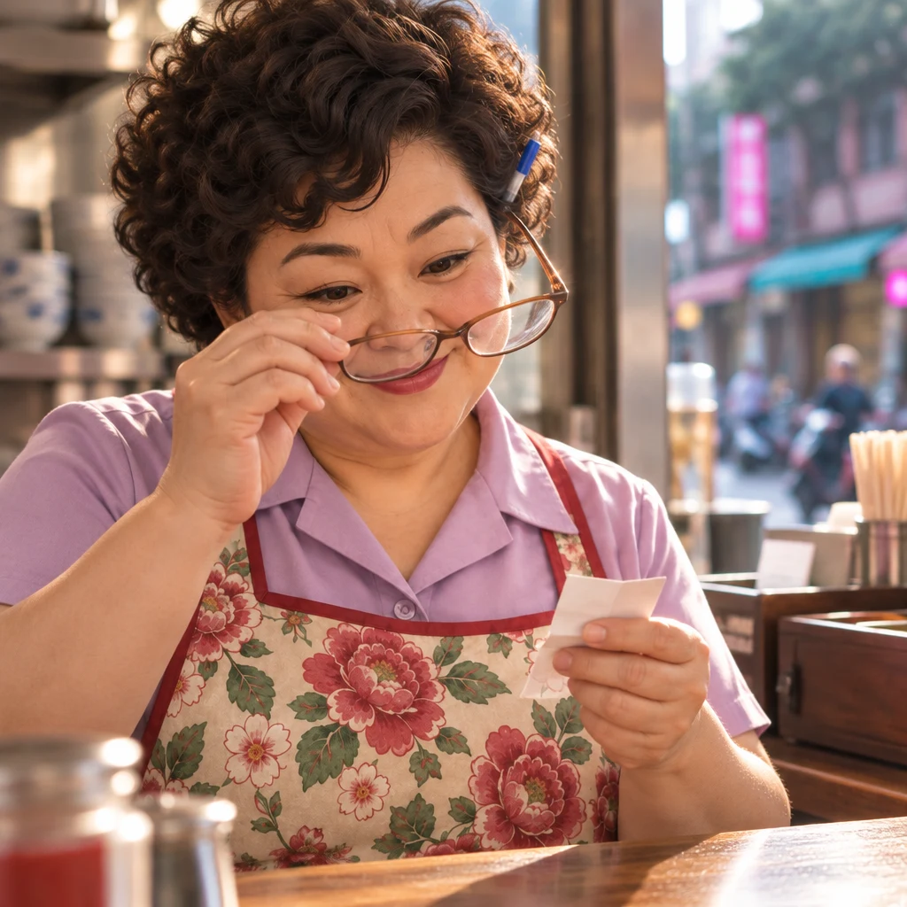 Auntie Lin lifts her glasses toward her face while holding the folded slip from the till.