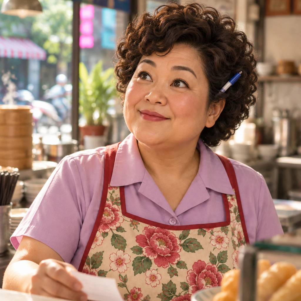 Auntie Lin has lowered the slip and looks up with a sudden, quiet look of memory.