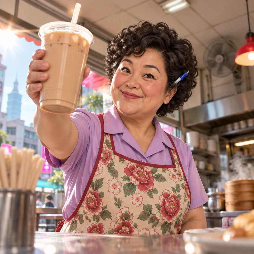 Auntie Lin holds up a large iced milk-tea takeaway cup so the drink itself stands for the old order.