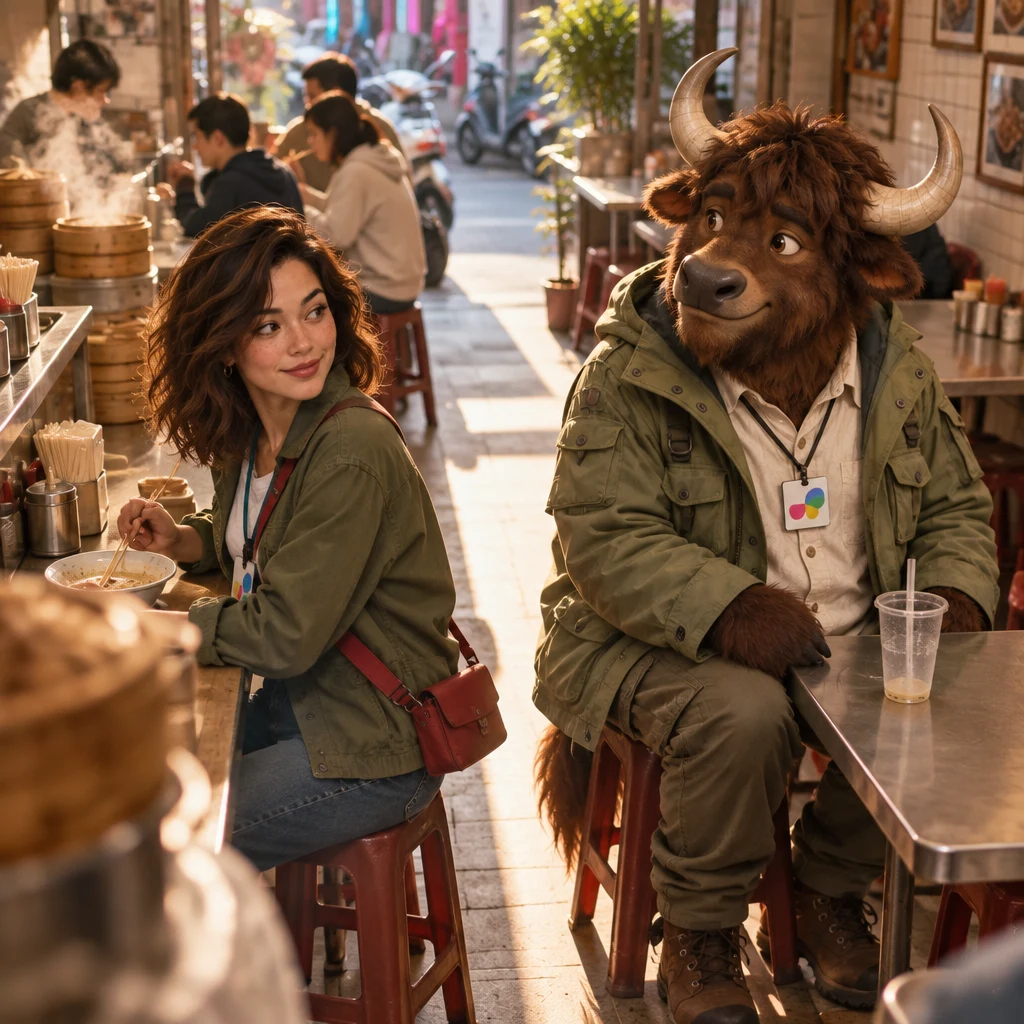Maya turns toward the back and looks at A-Li on his two stools beside a finally empty drink cup.