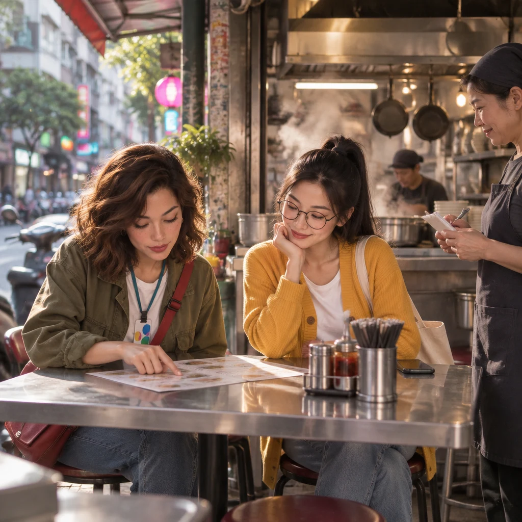 Maya and Yi-Jun sit at a tiny open-front lunch shop while a clerk waits with a notepad; Maya still studies a menu and Yi-Jun already looks decided.