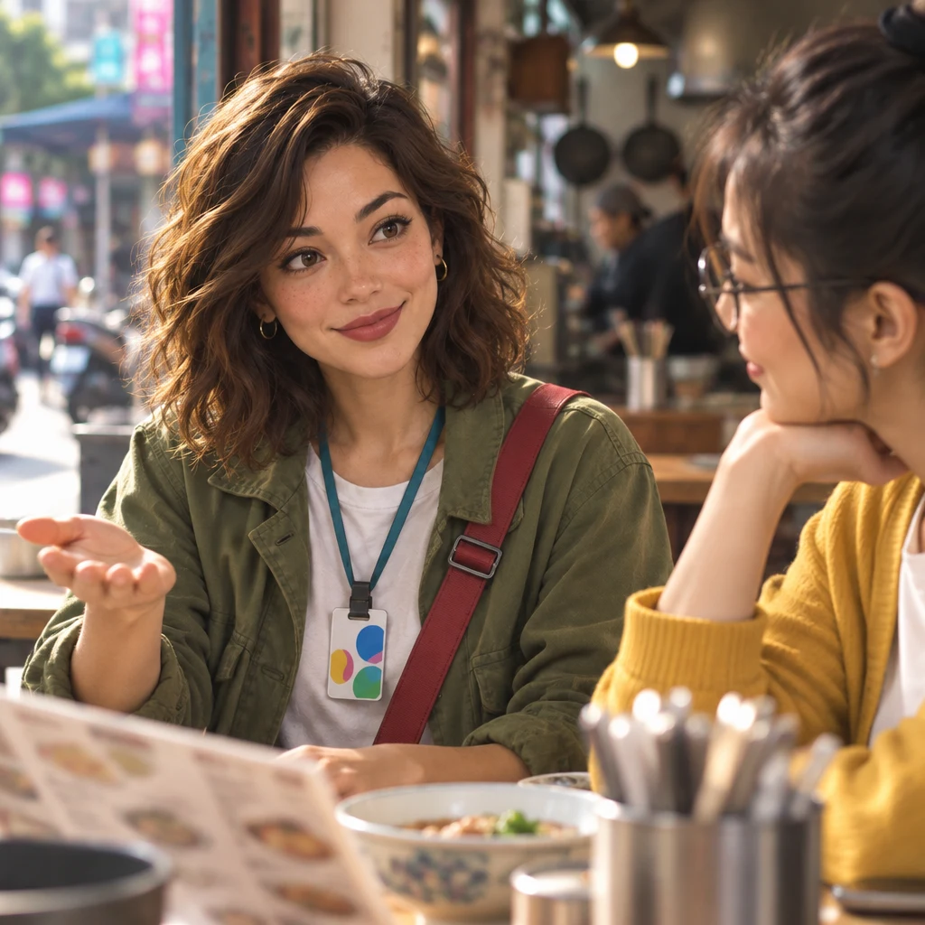 Maya looks up from the menu, nodding with an open palm toward Yi-Jun while Yi-Jun waits beside the table.