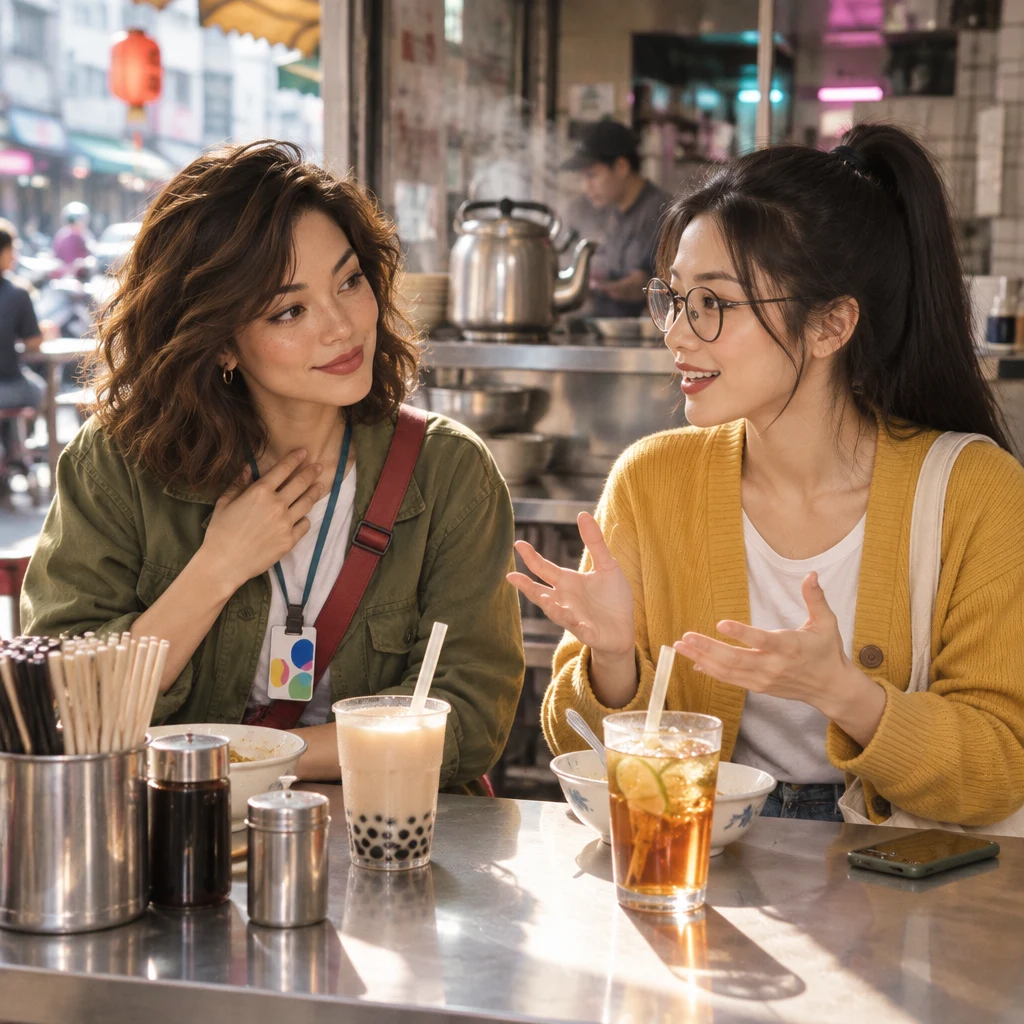 Maya holds a hand to the collarbone, body angled toward Yi-Jun, while Yi-Jun describes a drink with both hands.