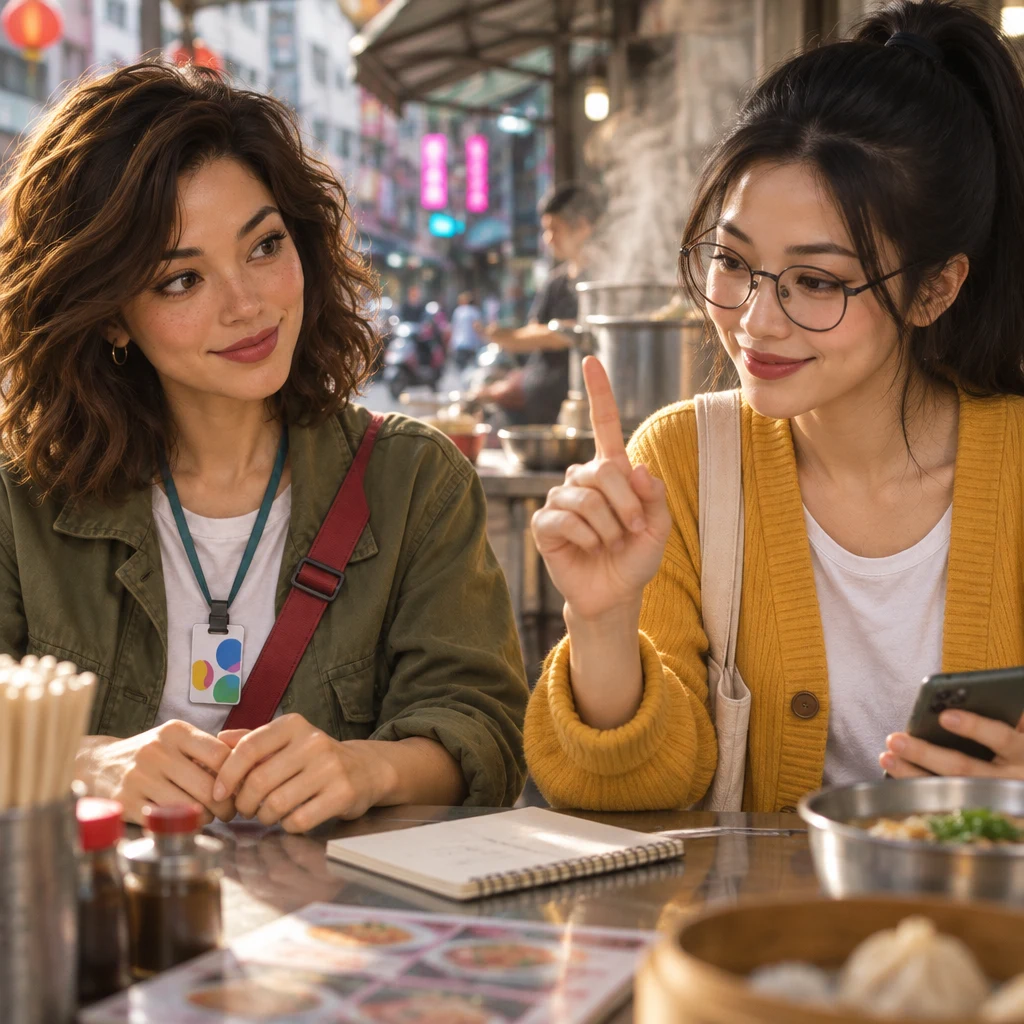 Yi-Jun raises one finger in confirmation over the table while Maya's hands rest on the tabletop.