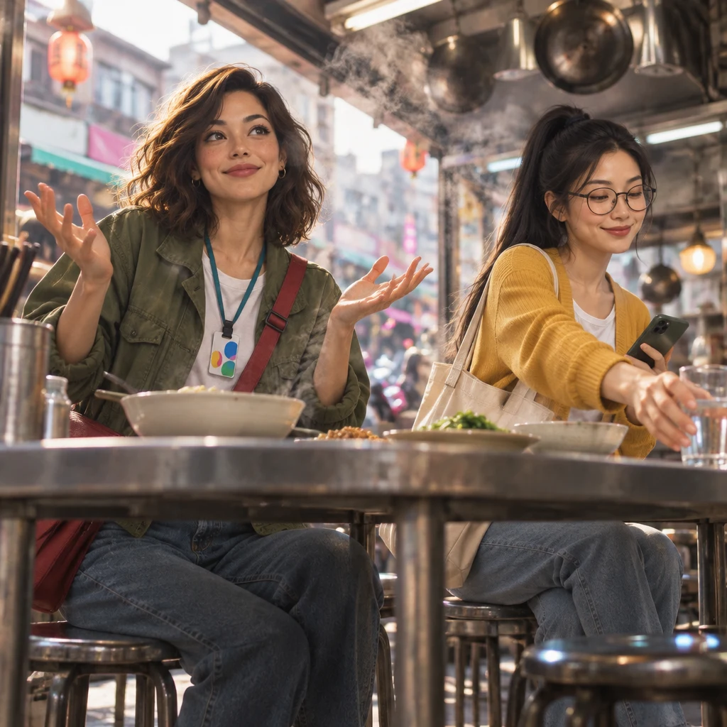 Maya sits taller with both hands open in full approval while Yi-Jun reaches for a glass of water.