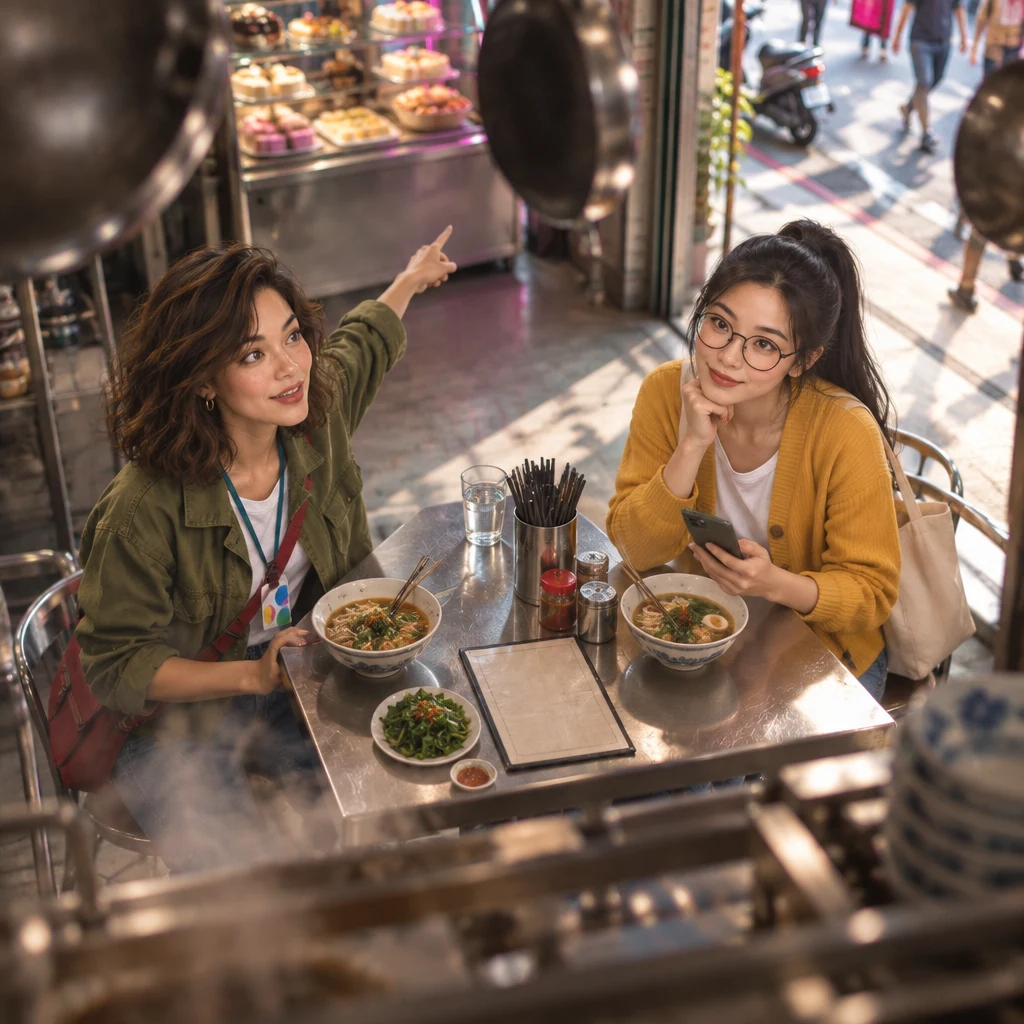Yi-Jun tilts the head then gives a slow convinced nod while Maya points toward a blurred dessert counter.
