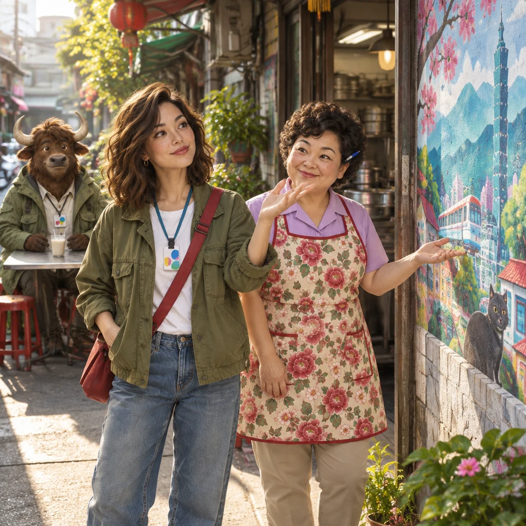 Maya stands in the sun with her head tilted and one palm open, offering Auntie Lin a different view of the mural.