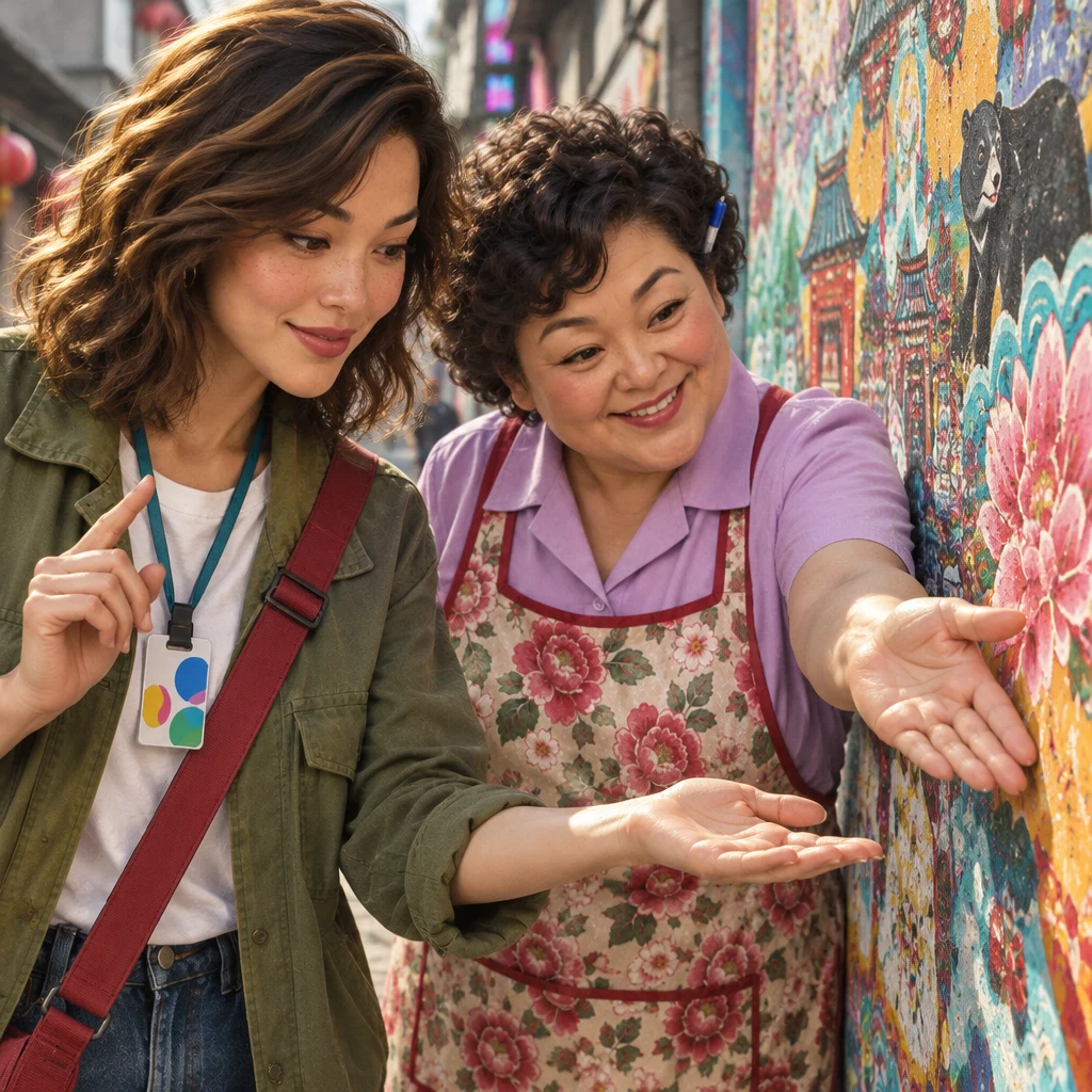 Maya's hands hedge and point at a crowded patch of mural colors while Auntie Lin's hand presents the same wall.