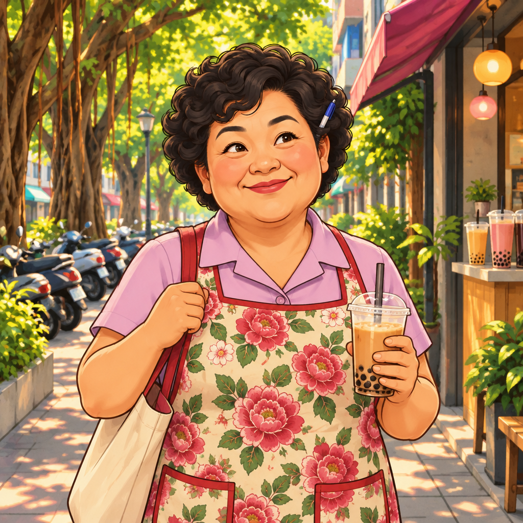 Auntie Lin takes a leisurely walk along a leafy Taipei lane.
