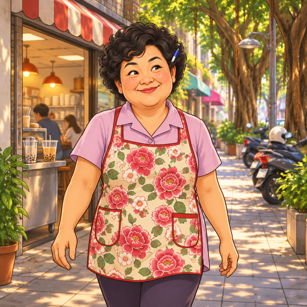 Lin takes a walk along a leafy lane after eating.