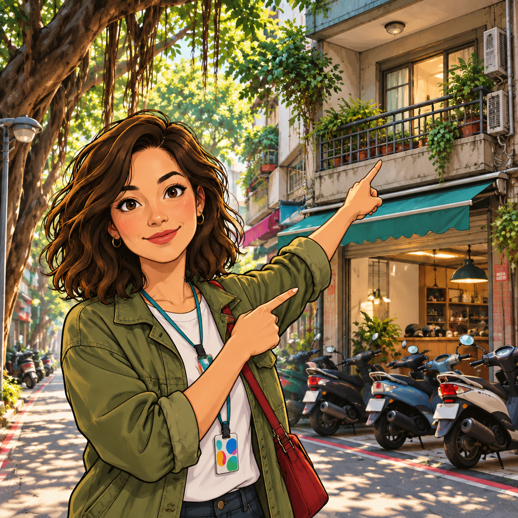 Maya gestures toward Banyan Lane and the apartment above the scooter shop where she lives.