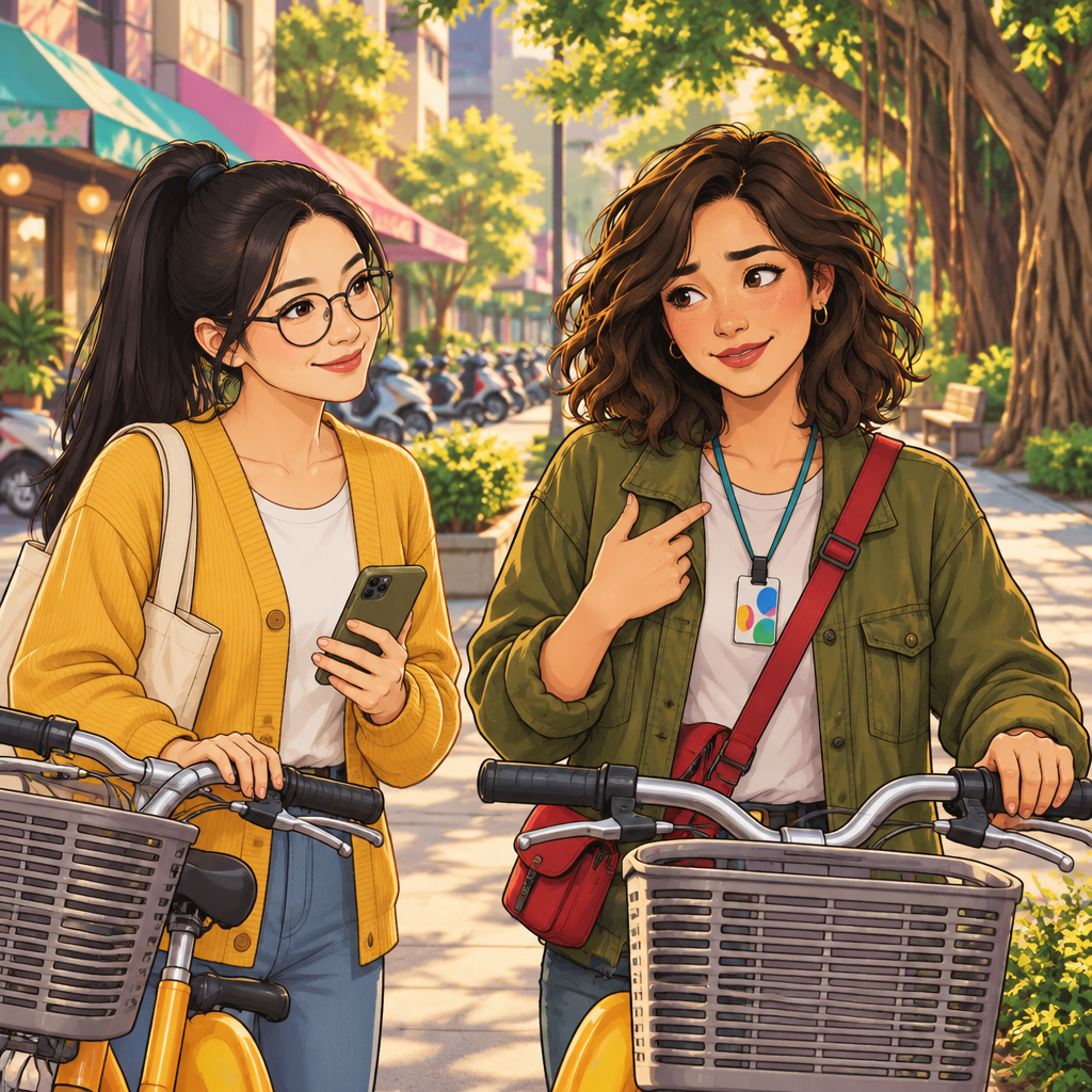 Maya, the speaker, pauses beside her bicycle and indicates herself with a modest, uncertain expression.
