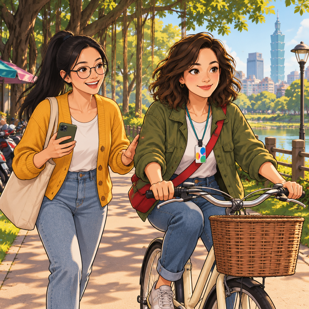 Maya, the speaker, carefully pedals along the park lane while Yi-Jun walks beside her and encourages her.