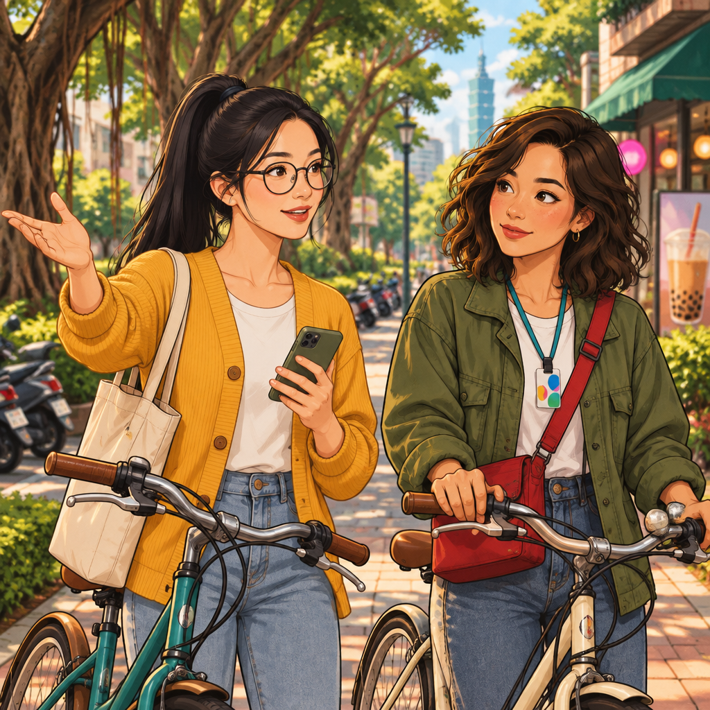 Yi-Jun, the speaker, stands comfortably beside his bicycle and gestures toward the park route as Maya listens.