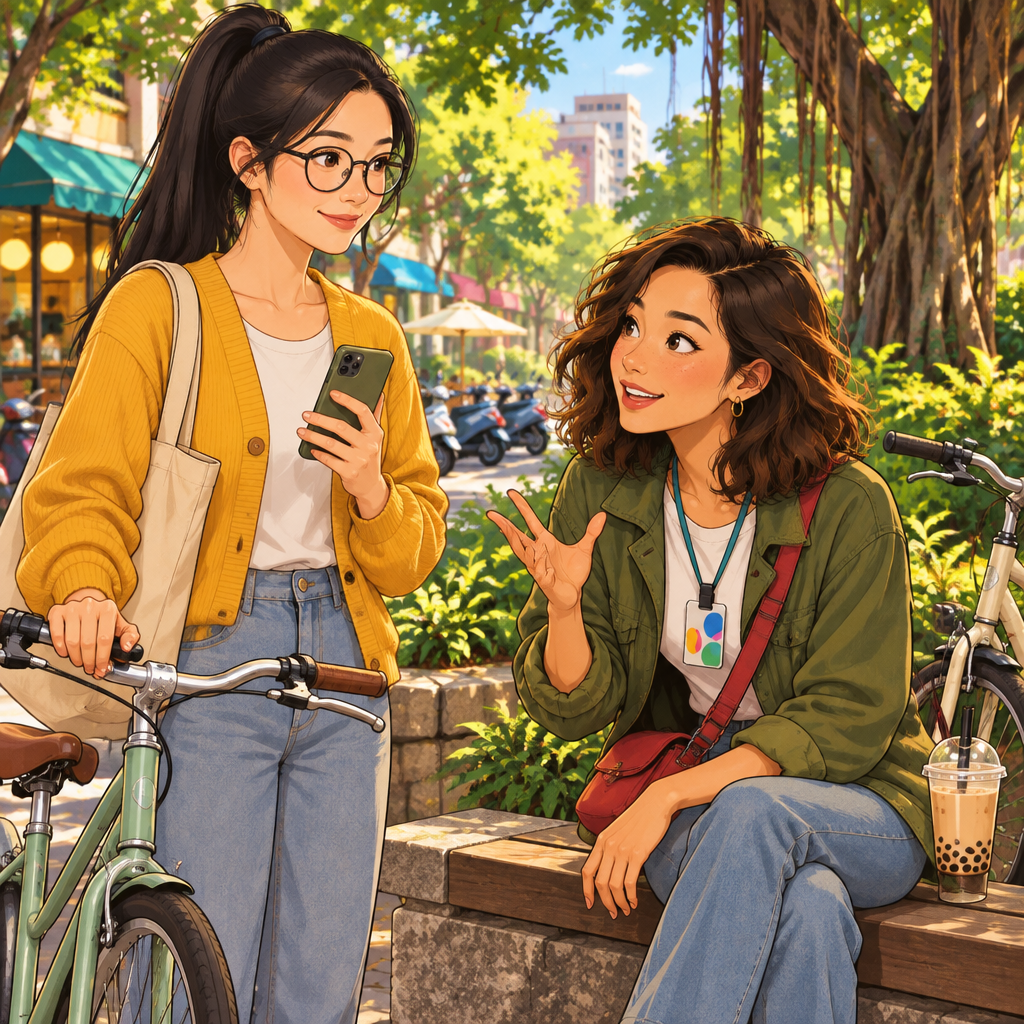 Maya, the speaker, takes a short break beside her bicycle and makes a determined gesture while Yi-Jun listens.
