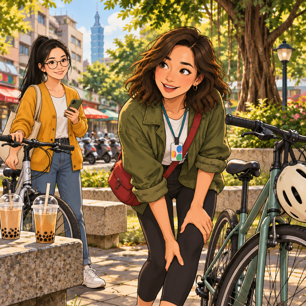 Maya, the speaker, rests after riding, smiling at the fun while rubbing a tired leg beside her bicycle.