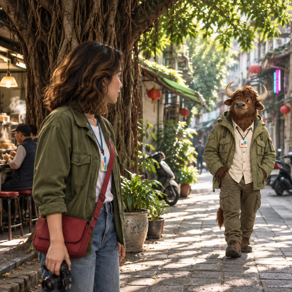 Maya stands under the banyan with her camera lowered, looking down the lane toward A-Li.