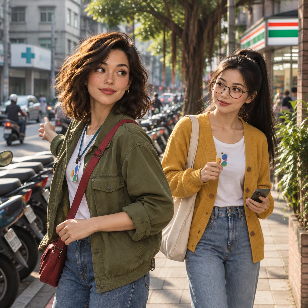 Maya has slowed on the lane and twisted back to see whether Yi-Jun is still keeping up, while Yi-Jun lags a half step behind with a transit card.