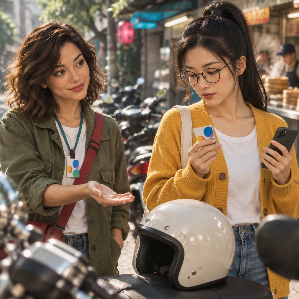 Maya stands beside parked scooters with one palm open toward Yi-Jun, waiting for a question, while Yi-Jun pauses in thought.