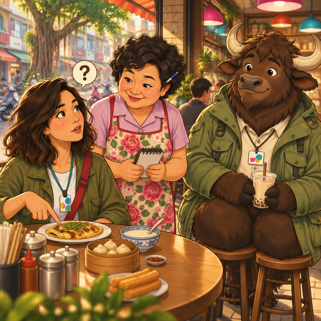 Maya points to a dish and asks Auntie Lin whether it is spicy.
