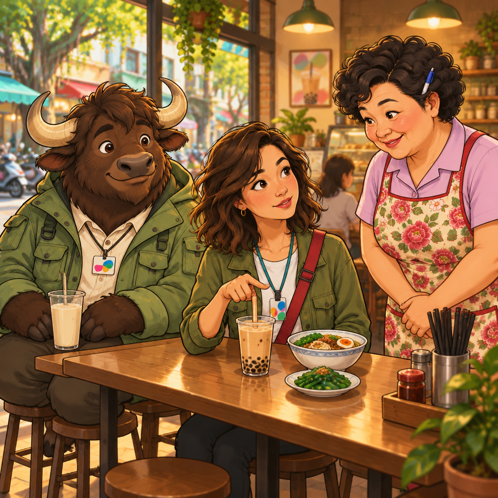 Maya gestures toward the drink beside the dish as she asks whether the meal comes with a drink.