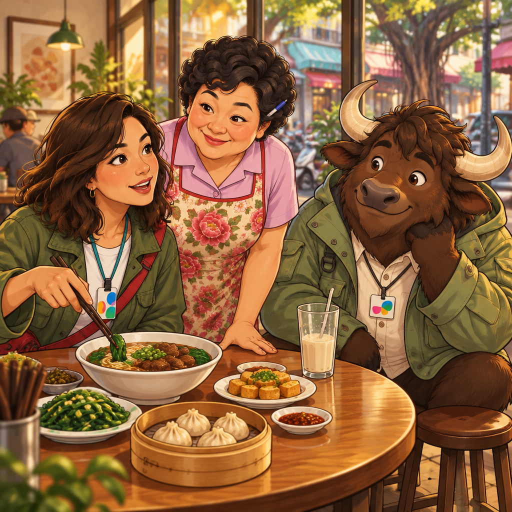 Maya leans closer to inspect the dish and asks Auntie Lin what ingredients are inside.