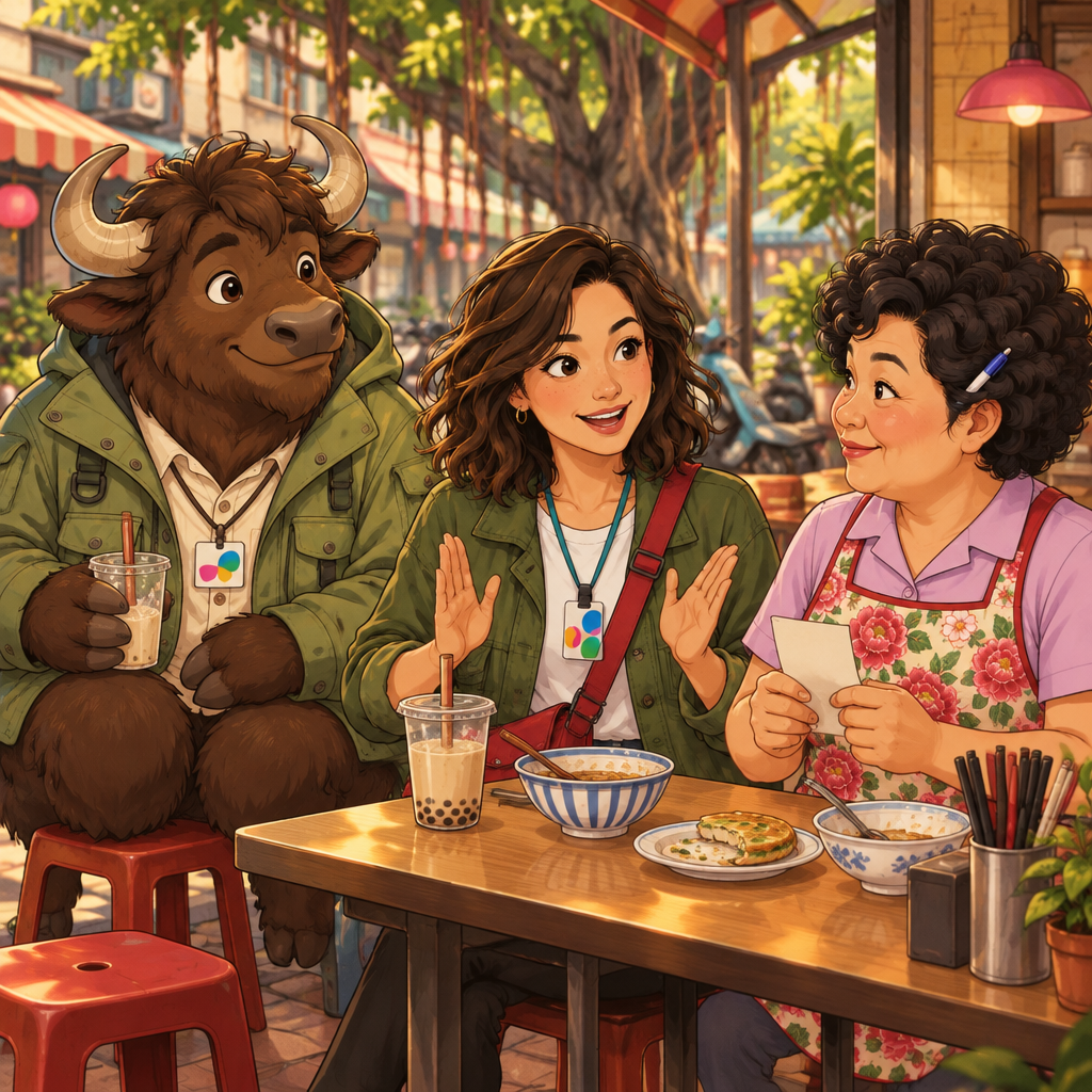 Maya asks Auntie Lin whether the group can pay separately while indicating the diners at the table.