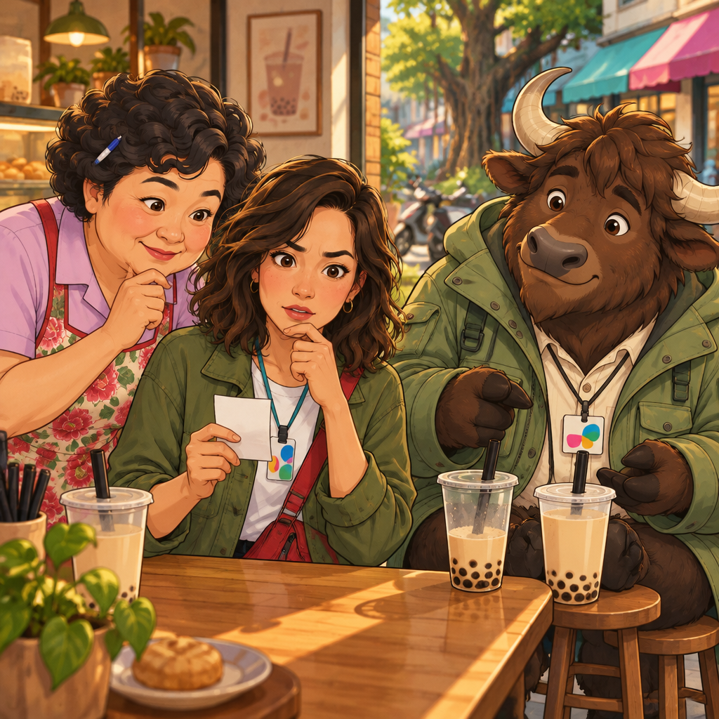 Maya studies the unmarked bill with concern as an extra soy milk cup sits on the table and A-Li gestures toward his drink.