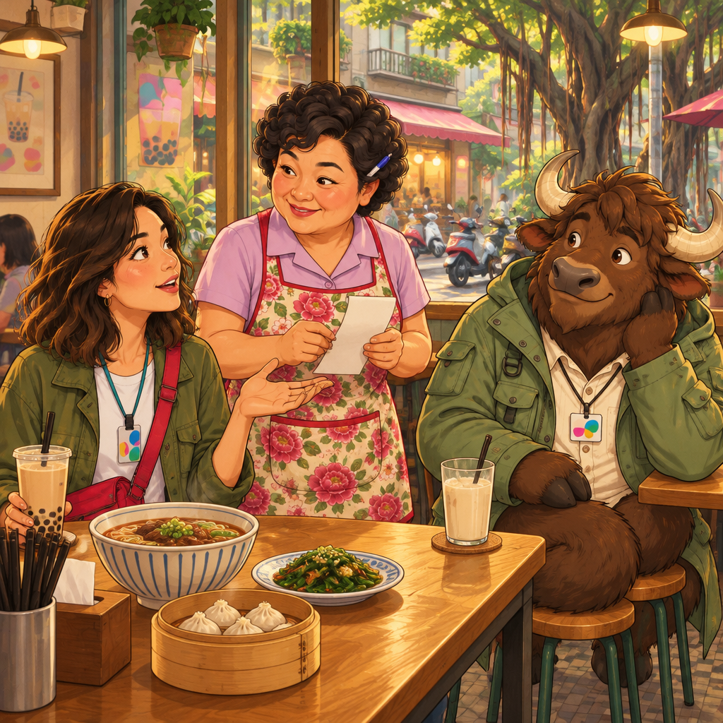 Maya asks Auntie Lin about a service charge while seated at the table with the bill nearby.
